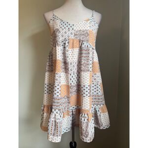 Pink Lily Patchwork Boho Mini Dress Orange Brown Cream Ruffle cottagecore y2k S